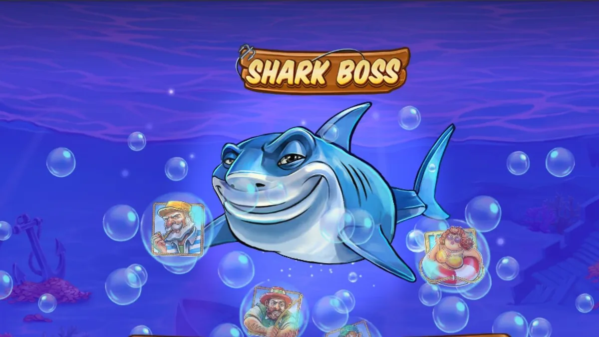 Shark Boss slot game interface showing the shark in a boat