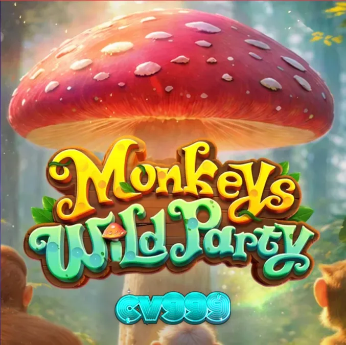 Monkeys Wild Party স্লট গেমের একটি রঙিন এবং প্রাণবন্ত দৃশ্য যেখানে বানর এবং মাশরুম প্রতীকগুলো দেখা যাচ্ছে।